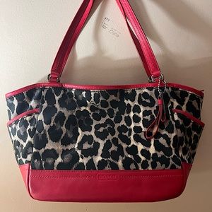 Coach Red & Leopard Print Cloth And Leather Tote